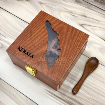 Mini Kerala Map Spices Box – 5x5x2.5 inch Wooden Masala Organizer with 4 Compartments (Empty)