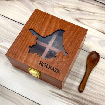 Mini Kolkata Map Spices Box – 5x5x2.5 inch Compact Wooden Organizer with Bengal State Cut Lid