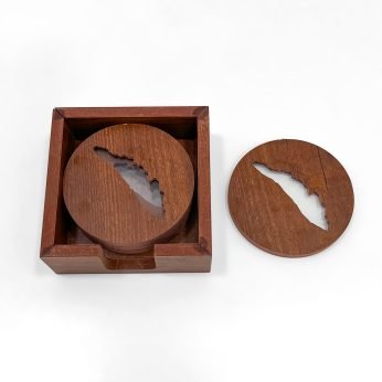 Round Wooden Coaster Set with Kerala Map Cutout – 4 Pcs with Holder