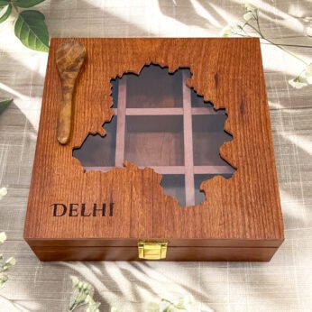 Delhi Map Wooden Spice Box – 8x8x2.6 inch | 9 Slot Heritage Organizer (Empty)