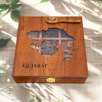 Gujarat Culinary Treasure Box – 8x8x2.6 inch Wooden Spice Organizer with 9 Premium Whole Spices