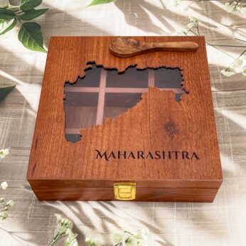 Maharashtra Map-Themed Spice Box – 8x8x2.6 inch Wooden Organizer with State-Shaped Lid (Empty)