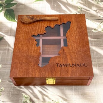 Timeless Tamil Nadu Map Spice Box – 8x8x2.6 inch Wooden State Organizer with Clear Lid (Empty)