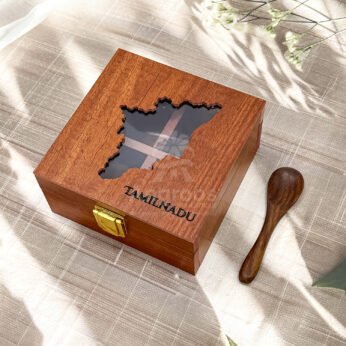 Vintage Mini Tamil Nadu Spice Box – 5x5x2.5 inch Wooden State Map Organizer with Clear Lid (Empty)