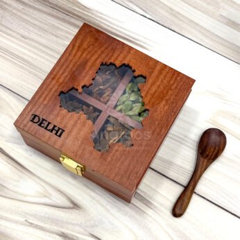 Elegant Delhi Map Themed Spices Box – 5x5x2.5 inch Wooden Organizer with Whole Spices
