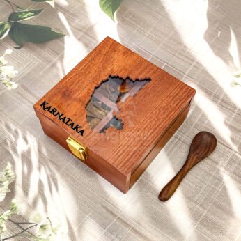 Cultural Karnataka Map Themed Spices Box – 5x5x2.5 inch Wooden Masala Holder with Premium Whole Spices