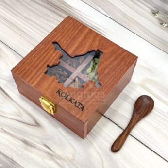 Elegant Kolkata Map Themed Spices Box – 5x5x2.5 inch Wooden Masala Holder with Whole Spices