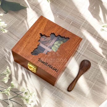 Heritage Tamil Nadu Map Themed Spices Box – 5x5x2.5 inch Wooden Spice Holder with Traditional Whole Spices
