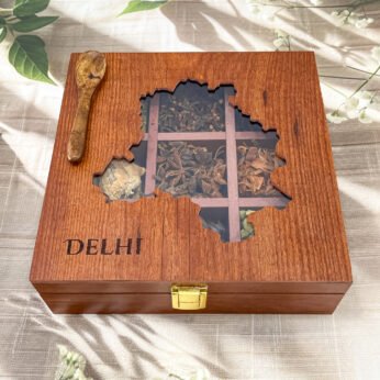 Delhi Map Wooden Spice Box – 8x8x2.6 inch | 9 Slot Organizer with Premium Whole Spices