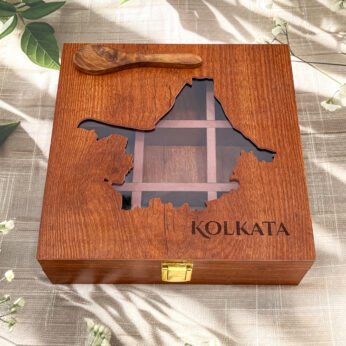 Majestic Kolkata Heritage Spice Box – 8x8x2.6 inch Wooden Organizer with 9 Empty Slots