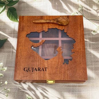 Gujarat Heritage Spice Organizer – 8x8x2.6 inch Wooden Masala Box with Map Cut Lid (Empty)