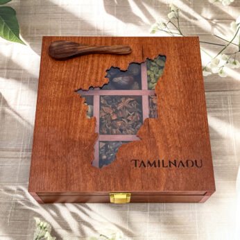Royal Tamil Nadu Spice Curation – 8x8x2.6 inch Wooden Map Box with 9 Authentic Whole Spices
