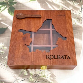 Grandeur Kolkata Map Spice Box – 10x10x2.5 inch Large Wooden Organizer with State-Shaped Transparent Lid (Empty)