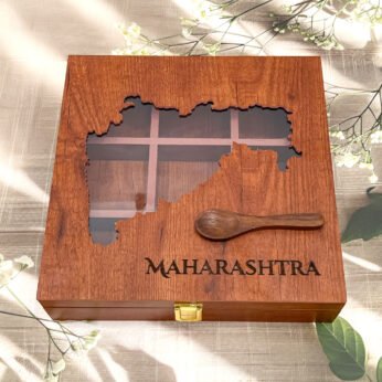 Elite Maharashtra Spice Heritage Box – 10x10x2.5 inch Large Wooden Organizer with Map View Lid (Empty)