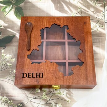 Large Delhi Map Spices Box – 10x10x2.5 inch Wooden Organizer with 9 Empty Slots