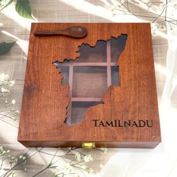 Supreme Tamil Nadu Map Spice Vault – 10x10x2.5 inch Wooden Masala Organizer with State-Shaped Transparent Lid (Empty)