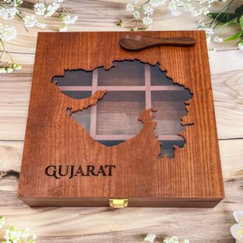 Grand Gujarat Map Spice Box – 10x10x2.5 inch Large Wooden Organizer with 9 Empty Compartments