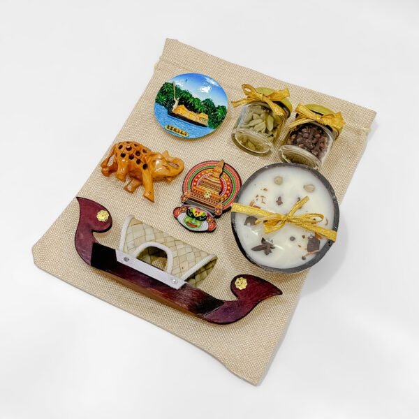 Kerala Souvenir Gift Box with Wooden Elephant, Spices & Kathakali in Jute Bag - Image 2