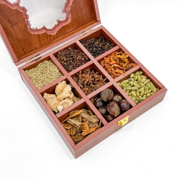 Delhi Map Wooden Spice Box – 8x8x2.6 inch | 9 Slot Organizer with Premium Whole Spices - Image 2