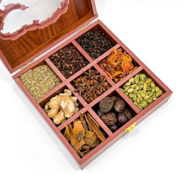 Gujarat Culinary Treasure Box – 8x8x2.6 inch Wooden Spice Organizer with 9 Premium Whole Spices - Image 2