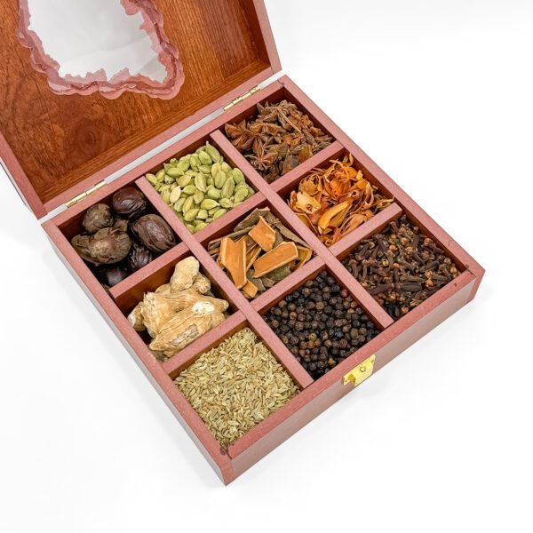 Karnataka Royal Spice Curation – 8x8x2.6 inch Wooden Box with 9 Exotic Whole Spices - Image 2