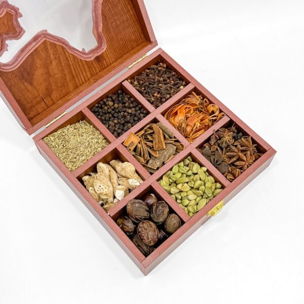 Regal Kolkata Spice Vault – 8x8x2.6 inch Wooden Heritage Box with 9 Premium Whole Spices - Image 2