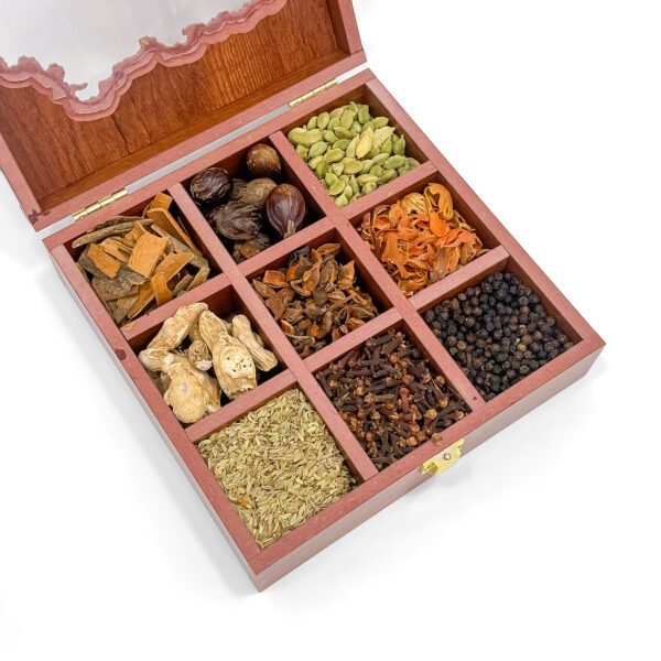 Epicurean Maharashtra Map Spice Box – 8x8x2.6 inch Wooden State-Themed Organizer with 9 Exotic Whole Spices - Image 2