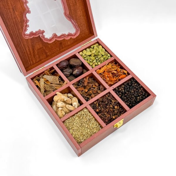 Royal Tamil Nadu Spice Curation – 8x8x2.6 inch Wooden Map Box with 9 Authentic Whole Spices - Image 2