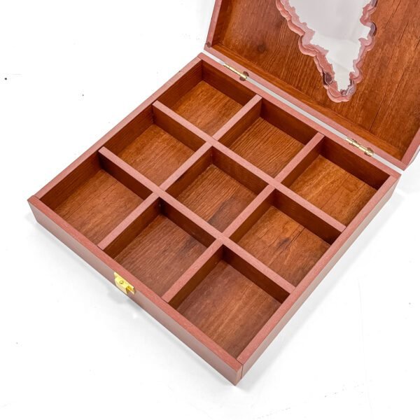 Prestige Karnataka Map Spice Chest – 10x10x2.5 inch Deluxe Wooden Masala Box with Transparent State Lid (Empty) - Image 2