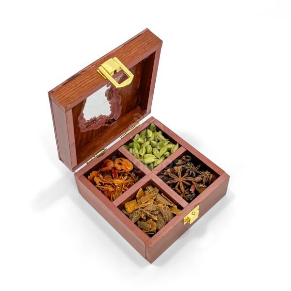 Cultural Karnataka Map Themed Spices Box – 5x5x2.5 inch Wooden Masala Holder with Premium Whole Spices - Image 2