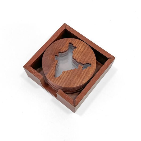 Handcrafted Round Wooden Coaster Set with India Map Cutout - Image 3