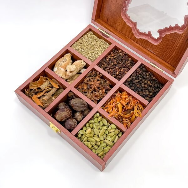 Delhi Map Wooden Spice Box – 8x8x2.6 inch | 9 Slot Organizer with Premium Whole Spices - Image 3