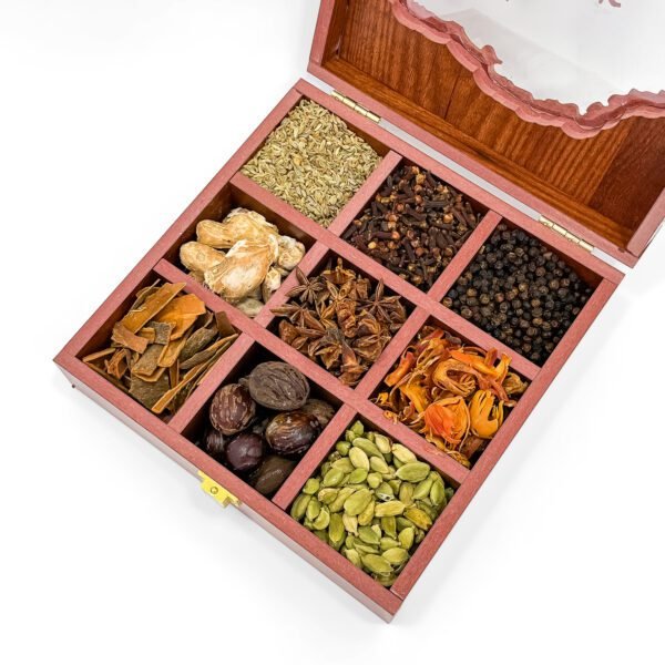 Gujarat Culinary Treasure Box – 8x8x2.6 inch Wooden Spice Organizer with 9 Premium Whole Spices - Image 3