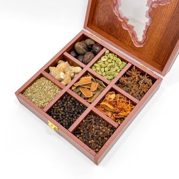 Karnataka Royal Spice Curation – 8x8x2.6 inch Wooden Box with 9 Exotic Whole Spices - Image 3