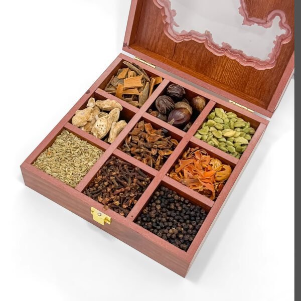 Epicurean Maharashtra Map Spice Box – 8x8x2.6 inch Wooden State-Themed Organizer with 9 Exotic Whole Spices - Image 3