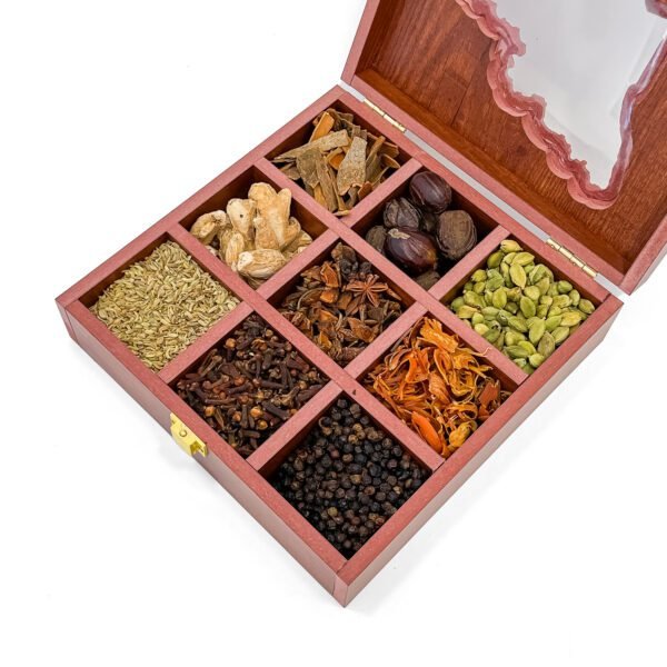 Royal Tamil Nadu Spice Curation – 8x8x2.6 inch Wooden Map Box with 9 Authentic Whole Spices - Image 3