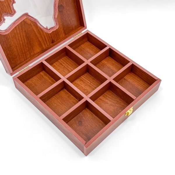 Grandeur Kolkata Map Spice Box – 10x10x2.5 inch Large Wooden Organizer with State-Shaped Transparent Lid (Empty) - Image 3