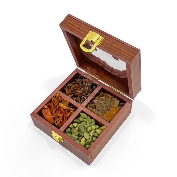 Authentic Gujarat Map Themed Spices Box – 5x5x2.5 inch Wooden Organizer with 4 Premium Whole Spices - Image 3
