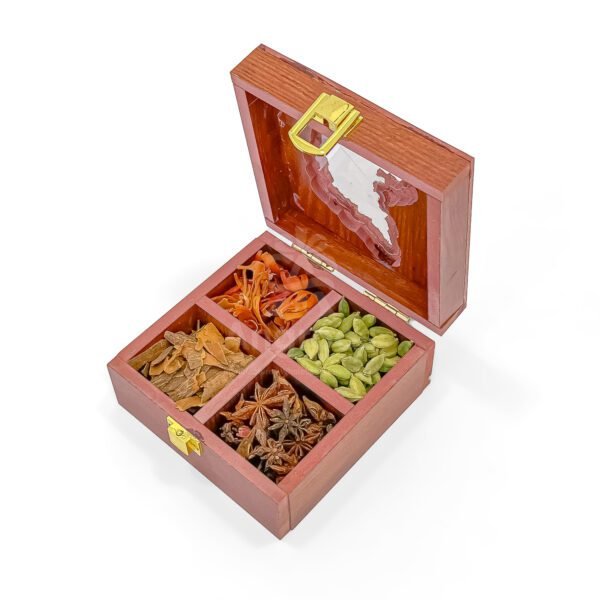 Cultural Karnataka Map Themed Spices Box – 5x5x2.5 inch Wooden Masala Holder with Premium Whole Spices - Image 3