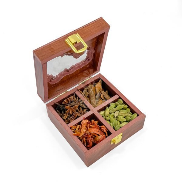 Rustic Maharashtra Map Themed Spices Box – 5x5x2.5 inch Wooden Heritage Masala Case with Whole Spices - Image 3
