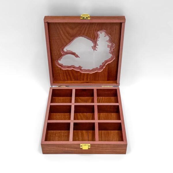 Gujarat Heritage Spice Organizer – 8x8x2.6 inch Wooden Masala Box with Map Cut Lid (Empty) - Image 4