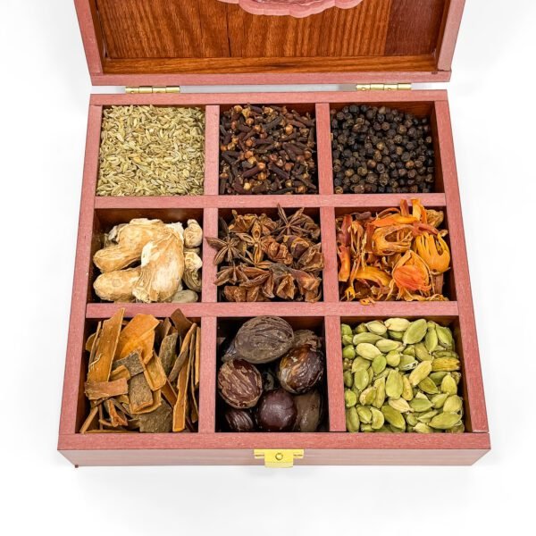 Gujarat Culinary Treasure Box – 8x8x2.6 inch Wooden Spice Organizer with 9 Premium Whole Spices - Image 4