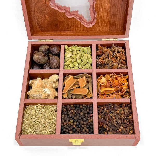 Karnataka Royal Spice Curation – 8x8x2.6 inch Wooden Box with 9 Exotic Whole Spices - Image 4