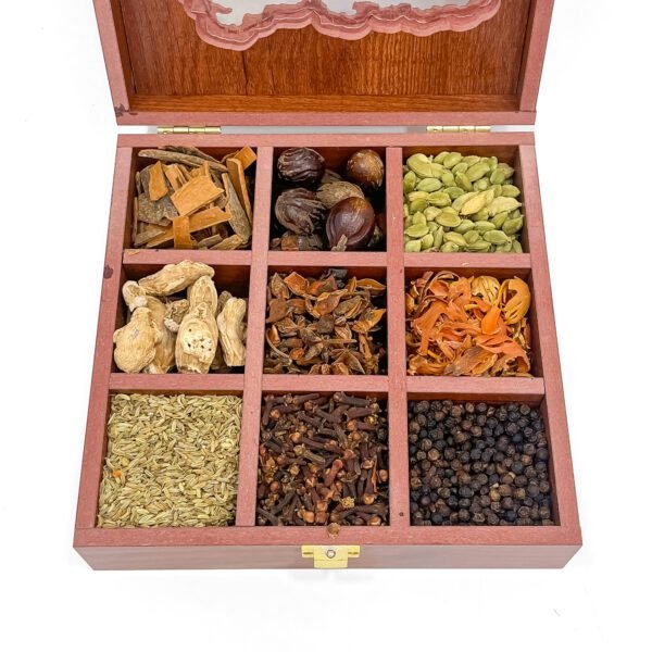 Epicurean Maharashtra Map Spice Box – 8x8x2.6 inch Wooden State-Themed Organizer with 9 Exotic Whole Spices - Image 4