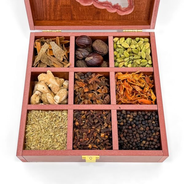 Royal Tamil Nadu Spice Curation – 8x8x2.6 inch Wooden Map Box with 9 Authentic Whole Spices - Image 4