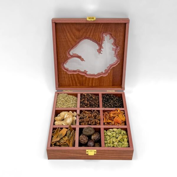 Gujarat Culinary Treasure Box – 8x8x2.6 inch Wooden Spice Organizer with 9 Premium Whole Spices - Image 5