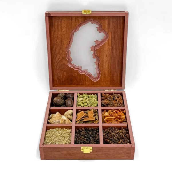 Karnataka Royal Spice Curation – 8x8x2.6 inch Wooden Box with 9 Exotic Whole Spices - Image 5