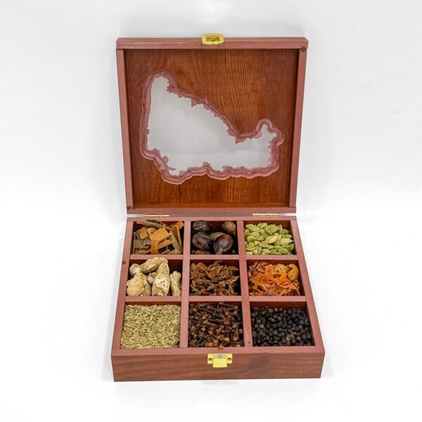 Epicurean Maharashtra Map Spice Box – 8x8x2.6 inch Wooden State-Themed Organizer with 9 Exotic Whole Spices - Image 5