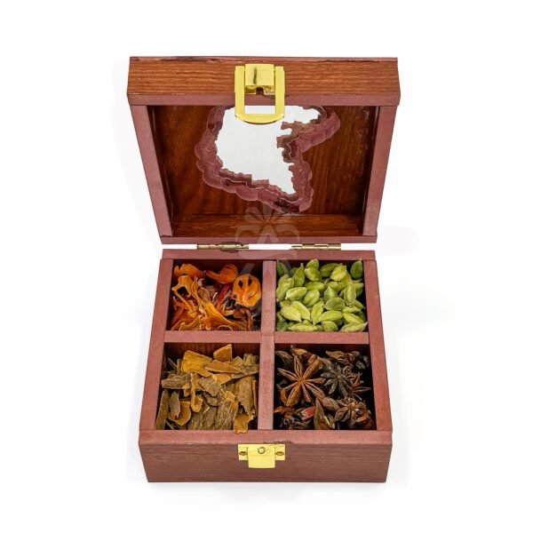 Cultural Karnataka Map Themed Spices Box – 5x5x2.5 inch Wooden Masala Holder with Premium Whole Spices - Image 5