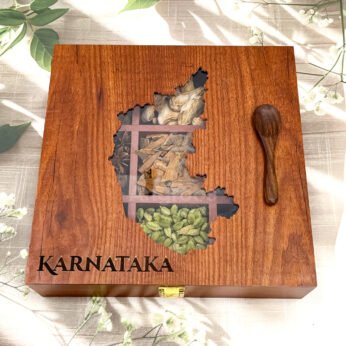 Royal Karnataka State Large Masala Box – 10x10x2.5 inch Wooden Spice Treasure with 9 Whole Spices